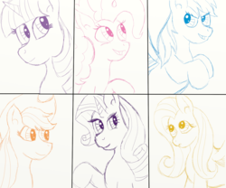 Size: 1200x1000 | Tagged: safe, artist:eulicious, applejack, fluttershy, pinkie pie, rainbow dash, rarity, twilight sparkle, pony, g4, looking at you, mane six, simple background, sketch