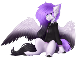 Size: 1801x1351 | Tagged: safe, artist:monogy, oc, oc only, oc:lunar apex pentatonix, pegasus, pony, clothes, collar, colored wings, commission, female, hoodie, mare, multicolored wings, simple background, sitting, solo, spiked collar, sweater, transparent background, unshorn fetlocks