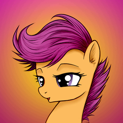 Size: 1200x1200 | Tagged: safe, artist:moonlightclouds, artist:rainbow, scootaloo, pegasus, pony, g4, bust, colored, ear fluff, female, filly, gradient background, lidded eyes, open mouth, portrait, solo, spiky mane