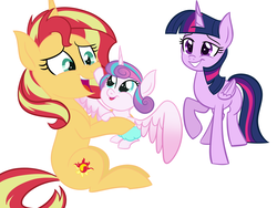 Size: 1024x768 | Tagged: dead source, safe, artist:wubcakeva, princess flurry heart, sunset shimmer, twilight sparkle, alicorn, pony, unicorn, g4, auntie sunset, baby, boop, cute, diaper, female, flurrybetes, holding a pony, mare, open mouth, raised hoof, shimmerbetes, spread wings, twilight sparkle (alicorn), wings
