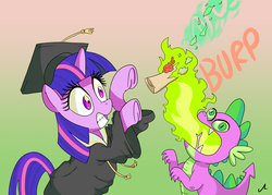 Size: 2800x2000 | Tagged: safe, artist:docwario, spike, twilight sparkle, dragon, pony, g4, atg 2017, burp, clothes, diploma, dragonfire, female, fire, fire breath, fire burp, green fire, hat, high res, mare, newbie artist training grounds
