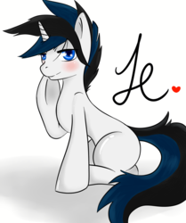 Size: 1251x1496 | Tagged: safe, artist:randomartnevos, oc, oc only, oc:darkinglight, pony, unicorn, blushing, heart, male, raised hoof, simple background, sitting, solo, stallion, white background