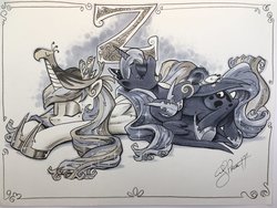 Size: 2048x1536 | Tagged: safe, artist:andypriceart, philomena, princess celestia, princess luna, tiberius, alicorn, opossum, phoenix, pony, g4, cute, female, grayscale, majestic as fuck, mare, marker drawing, monochrome, pony pile, sisters, sleeping, tongue out, traditional art, z