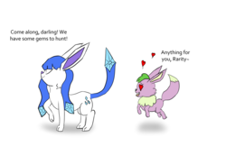 Size: 1791x1240 | Tagged: safe, artist:chiptunebrony, rarity, spike, eevee, glaceon, g4, atg 2017, cutie mark, eeveelutions, eyes closed, female, floating, floating heart, following, heart, heart eyes, in love, male, newbie artist training grounds, pokefied, pokémon, quote, ship:sparity, shipping, species swap, straight, text, tongue out, wingding eyes
