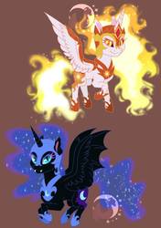 Size: 710x1009 | Tagged: safe, artist:djspark3, daybreaker, nightmare moon, alicorn, pony, a royal problem, g4, brown background, chibi, duo, fangs, looking at you, simple background, watermark