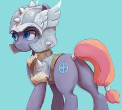 Size: 1036x935 | Tagged: safe, artist:grissaecrim, sun cross, earth pony, pony, campfire tales, g4, armor, blue background, butt, female, guardsmare, helmet, mare, mighty helm, plot, royal guard, serious, serious face, simple background, solo