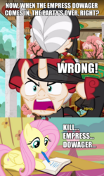 Size: 800x1352 | Tagged: safe, edit, edited screencap, screencap, fluttershy, sable spirit, pegasus, pony, unicorn, campfire tales, g4, book, clothes, curved horn, empress, empress sable spirit, female, horn, image macro, male, mare, meme, mouth hold, mouth writing, pencil, the simpsons, writing