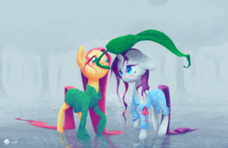 Size: 1920x1242 | Tagged: safe, artist:halem1991, fluttershy, rarity, pegasus, pony, unicorn, g4, clothes, duo, female, kindness, leaf umbrella, mare, mouth hold, rain, soaked, sweater, wet, wet clothes, wet mane