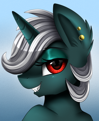 Size: 1446x1764 | Tagged: safe, artist:pridark, oc, oc only, bat pony, bat pony unicorn, hybrid, pony, unicorn, bust, commission, ear piercing, earring, fangs, female, grin, jewelry, looking at you, mare, piercing, red eyes, smiling, solo