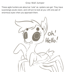 Size: 1650x1650 | Tagged: safe, artist:tjpones, oc, oc only, monster pony, original species, spiderpony, adoracreepy, black sclera, caption, cheek fluff, chest fluff, creepy, cute, dialogue, ear fluff, fangs, monochrome, simple background, solo, white background