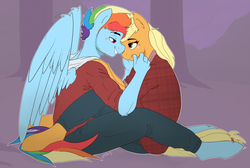 Size: 1850x1243 | Tagged: safe, artist:nolycs, applejack, rainbow dash, earth pony, pegasus, anthro, g4, clothes, female, half r63 shipping, looking at each other, male, mare, rainbow blitz, rule 63, ship:appleblitz, shipping, smiling, stallion, straight