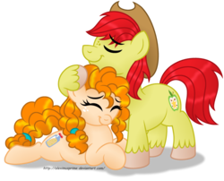 Size: 2000x1615 | Tagged: safe, artist:aleximusprime, bright mac, pear butter, earth pony, pony, g4, the perfect pear, cute, diabetes, female, hug, in love, love, male, perfect pear, romance, ship:brightbutter, shipping, straight