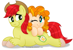 Size: 2000x1375 | Tagged: safe, artist:aleximusprime, bright mac, pear butter, earth pony, pony, g4, the perfect pear, cute, diabetes, female, love, male, one eye closed, perfect pear, romance, ship:brightbutter, shipping, straight, wink