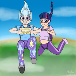 Size: 1500x1500 | Tagged: safe, artist:phallen1, trixie, twilight sparkle, human, g4, air ponyville, alternate hairstyle, atg 2017, belly button, falling, female, goggles, grin, hand on shoulder, humanized, id card, license, newbie artist training grounds, parachute, peace sign, pose, skydiving, smiling