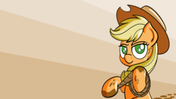 Size: 2880x1620 | Tagged: safe, artist:ashtoneer, applejack, pony, g4, cel shading, dirt, female, hat, looking at you, mud, muddy, rope, simple background, solo