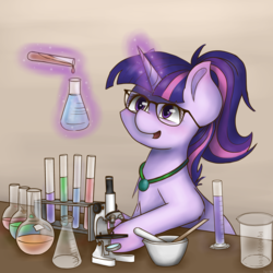 Size: 3000x3000 | Tagged: safe, artist:kysimon, sci-twi, twilight sparkle, pony, unicorn, g4, equestria girls ponified, female, glasses, glowing horn, high res, horn, laboratory, magic, mare, ponified, science, smiling, solo, telekinesis, that pony sure does love science, unicorn sci-twi
