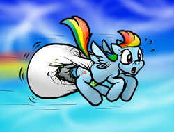 Size: 890x676 | Tagged: safe, artist:pidgopidgey, rainbow dash, pegasus, pony, g4, diaper, female, flying, non-baby in diaper, parachute, poofy diaper, solo