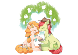 Size: 1748x1240 | Tagged: safe, artist:jannel300, bright mac, pear butter, earth pony, pony, g4, the perfect pear, cowboy hat, duo, eyes closed, female, flower, flower in hair, hat, heart, hoof hold, male, mare, ship:brightbutter, shipping, sitting, smiling, stallion, straight