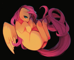 Size: 1406x1152 | Tagged: safe, artist:serafelis, fluttershy, pegasus, pony, black background, curled up, female, long mane, looking at you, mare, missing cutie mark, simple background, solo, spread wings, underhoof, wings
