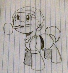 Size: 2447x2640 | Tagged: safe, artist:pixel_berry, pony, bandana, belt, colt, cute, hammer, high res, lined paper, looking up, male, monochrome, pencil drawing, solo, traditional art