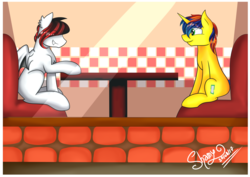 Size: 4960x3508 | Tagged: safe, artist:shamy-crist, oc, oc only, bat pony, pony, unicorn, absurd resolution, diner, male, sitting, stallion