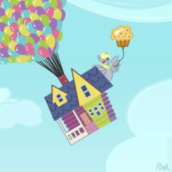 Size: 800x800 | Tagged: safe, artist:pink-pone, derpy hooves, pegasus, pony, g4, balloon, disney, female, house, pixar, solo, up