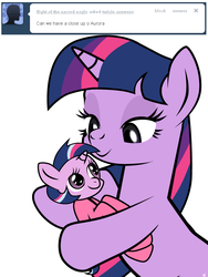 Size: 600x800 | Tagged: safe, artist:dekomaru, twilight sparkle, oc, oc:aurora, pony, tumblr:ask twixie, g4, ask, baby, baby pony, female, filly, footed sleeper, holding a pony, magical lesbian spawn, mother and daughter, offspring, parent:trixie, parent:twilight sparkle, parents:twixie, tumblr