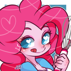 Size: 1747x1748 | Tagged: safe, artist:snow angel, pinkie pie, equestria girls, g4, egg beater, female, heart eyes, licking, licking lips, looking at you, solo, tongue out, wingding eyes