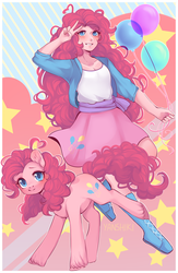 Size: 1024x1575 | Tagged: dead source, safe, artist:yanshiki, pinkie pie, earth pony, human, pony, equestria girls, g4, balloon, clothes, cute, diapinkes, ear fluff, female, human ponidox, looking at you, mare, peace sign, self ponidox, smiling, stars, unshorn fetlocks
