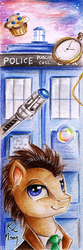 Size: 400x1200 | Tagged: safe, artist:lailyren, doctor whooves, time turner, earth pony, pony, g4, bookmark, clock, doctor who, floating, food, male, muffin, smiling, solo, sonic screwdriver, stallion, tardis, traditional art