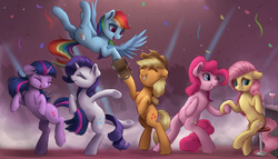 Size: 1745x1000 | Tagged: safe, artist:vanillaghosties, applejack, fluttershy, pinkie pie, rainbow dash, rarity, twilight sparkle, earth pony, pegasus, pony, unicorn, atg 2017, bipedal, blushing, cider, confetti, cowboy hat, cute, dancing, drink, eyes closed, featured image, female, floppy ears, flying, fog, freckles, grin, hat, holding hooves, lidded eyes, mane six, mare, messy mane, mug, newbie artist training grounds, one eye closed, open mouth, party, rearing, shy, sitting, smiling, spread wings, squee, stetson, stool, underhoof, unicorn twilight, wings, wink