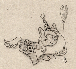 Size: 1600x1467 | Tagged: safe, artist:darkdabula, derpy hooves, pony, g4, atg 2017, balloon, eyes closed, female, hat, monochrome, newbie artist training grounds, party hat, solo, traditional art, trophy