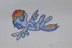Size: 449x302 | Tagged: safe, artist:hillbe, rainbow dash, pony, g4, atg 2017, female, laughing, newbie artist training grounds, on back, simple background, solo, traditional art, white background