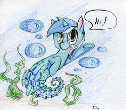 Size: 481x419 | Tagged: safe, artist:foxda, lyra heartstrings, merpony, g4, bubble, colored pencil drawing, female, hi, pen drawing, seapony lyra, seaweed, smiling, solo, species swap, speech bubble, traditional art, underwater, waving