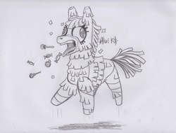 Size: 2219x1685 | Tagged: safe, artist:scribblepwn3, pony, discordant harmony, g4, animate object, candy, food, living piñata, monochrome, pencil drawing, piñata, solo, traditional art, vomiting