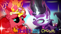 Size: 1024x576 | Tagged: safe, artist:yaycelestia0331, sci-twi, sunset shimmer, twilight sparkle, pony, equestria girls, g4, equestria girls ponified, equestria's monster girls, fight, imminent fight, implied big crown thingy, midnight sparkle, midnightsatan, ponified, sunset satan