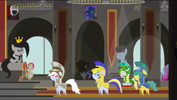 Size: 1360x768 | Tagged: safe, artist:calena, artist:sunny4sunnly, artist:zuruck, derpy hooves, princess luna, oc, oc:trinity deblanc, pony, g4, crown, jewelry, knight derpy, pointy ponies, regalia, throne, youtube link