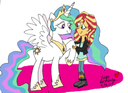 Size: 2472x1796 | Tagged: safe, artist:newportmuse, princess celestia, sunset shimmer, alicorn, pony, equestria girls, g4, crying, homesick shimmer, reunion, the prodigal sunset