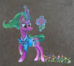 Size: 750x664 | Tagged: safe, artist:pony-from-everfree, mistmane, pony, unicorn, campfire tales, g4, black background, clothes, curved horn, female, flower, flowing mane, horn, magic, simple background, solo, telekinesis, traditional art
