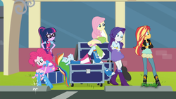 Size: 1280x720 | Tagged: safe, screencap, fluttershy, pinkie pie, rainbow dash, rarity, sci-twi, sunset shimmer, twilight sparkle, eqg summertime shorts, equestria girls, g4, get the show on the road, bored, clothes, crossed arms, female, geode of empathy, geode of fauna, geode of shielding, geode of super speed, geode of telekinesis, lying, magical geodes, on back, sitting, waiting