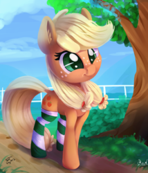 Size: 2000x2335 | Tagged: safe, artist:discorded, artist:tg1117, applejack, earth pony, pony, g4, clothes, collaboration, cottagecore, cute, female, freckles, hatless, high res, hnnng, jackabetes, mare, missing accessory, socks, solo, stockings, striped socks, teenage applejack, teenager, thigh highs, tree