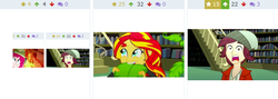 Size: 640x228 | Tagged: safe, normal norman, pinkie pie, sunset shimmer, derpibooru, epic fails, equestria girls, g4, my little pony equestria girls: summertime shorts, the canterlot movie club, face of mercy, horrified, implied time loop, juxtaposition, meta, recursion, sunset wants her old digestive system back, this will end in fire, time loop