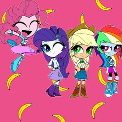 Size: 1773x1773 | Tagged: artist needed, safe, applejack, pinkie pie, rainbow dash, rarity, equestria girls, g4, banana, eyes closed, female, food, jumping, one eye closed, open mouth, smiling, smirk, wink