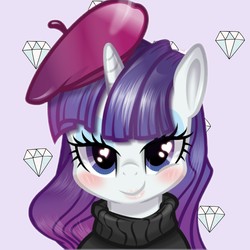 Size: 1773x1773 | Tagged: artist needed, safe, rarity, pony, g4, beatnik rarity, beret, blushing, bust, clothes, eyeshadow, hat, heart eyes, lipstick, makeup, solo, sweater, wingding eyes