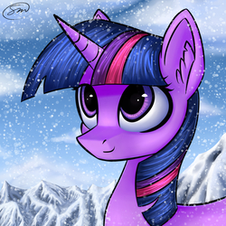 Size: 2000x2000 | Tagged: safe, artist:adagiostring, twilight sparkle, pony, unicorn, g4, bust, ear fluff, female, high res, looking up, mare, mountain, portrait, smiling, snow, solo