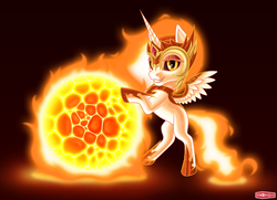 Size: 1980x1432 | Tagged: safe, artist:wwredgrave, daybreaker, alicorn, pony, g4, chibi, female, fire, helmet, looking at you, mare, planet, rolling, smiling, solo, stars, sun, tangible heavenly object