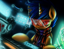 Size: 3850x2975 | Tagged: safe, artist:monochromacat, artist:spectrumblaze, oc, oc only, oc:blinky, pony, unicorn, collaboration, cup, female, high res, keyboard, mare, musical instrument, screen, solo, speaker, visor