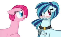 Size: 1109x675 | Tagged: safe, artist:trueshinyinkfox, pinkie pie, sonata dusk, earth pony, pony, g4, alternate hairstyle, blushing, equestria girls ponified, female, floppy ears, lesbian, looking away, mare, open mouth, pinkamena diane pie, ponified, raised hoof, ship:pinata, shipping, simple background, transparent background
