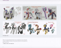 Size: 2565x2000 | Tagged: safe, artist:rebecca dart, tempest shadow, chimera, cyborg, g4, my little pony: the movie, the art of my little pony: the movie, amputee, broken horn, concept art, crystal, eye scar, female, high res, horn, magic staff, male, mare, misspelling, paws, prosthetic eye, prosthetic horn, prosthetic limb, prosthetics, reference sheet, rough sketch, scar, staff, stallion, tail