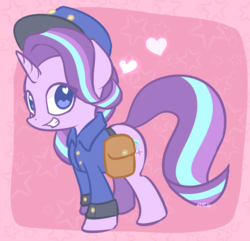 Size: 658x634 | Tagged: safe, artist:puetsua, starlight glimmer, pony, unicorn, g4, clothes, cute, female, glimmerbetes, hat, heart eyes, looking at you, mailbag, mailmare, mare, saddle bag, smiling, solo, uniform, wingding eyes